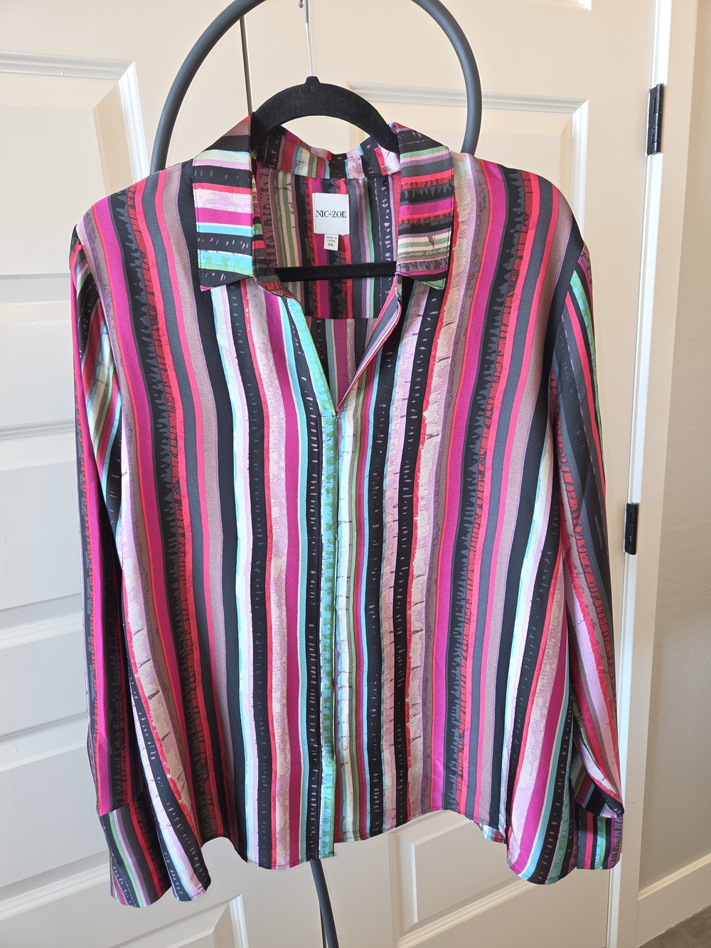 NIC+ZOE Striped Button-Up Blouse in Pink, Black, Teal and White
